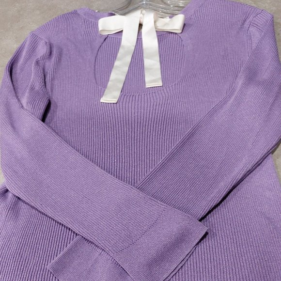 MASSIMO DUTTI Long Sleeve Knit Ribbon Tie Back Sweater - Purple - Size Large - Picture 5 of 8